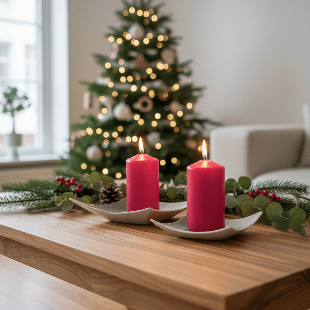 Two red candles on a wooden surface with a decorated Christmas tree in the background.
