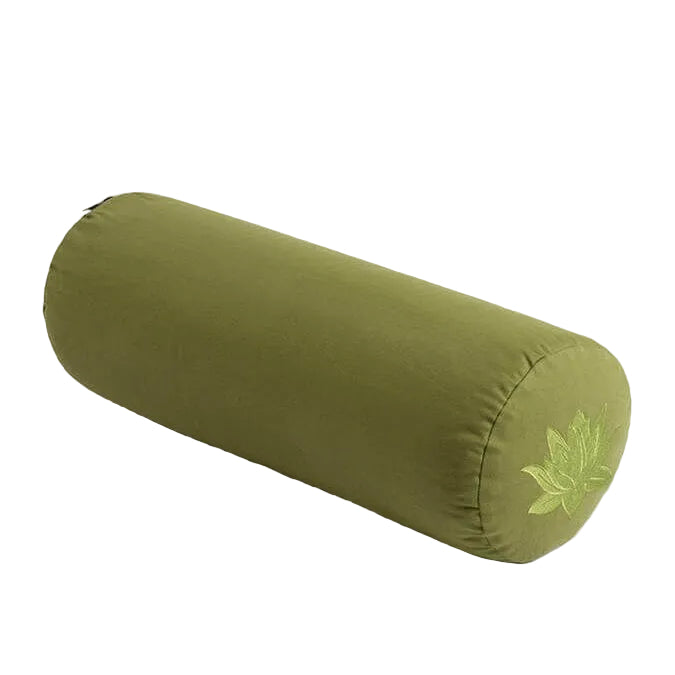 Green cylindrical yoga bolster with a leaf design on a white background