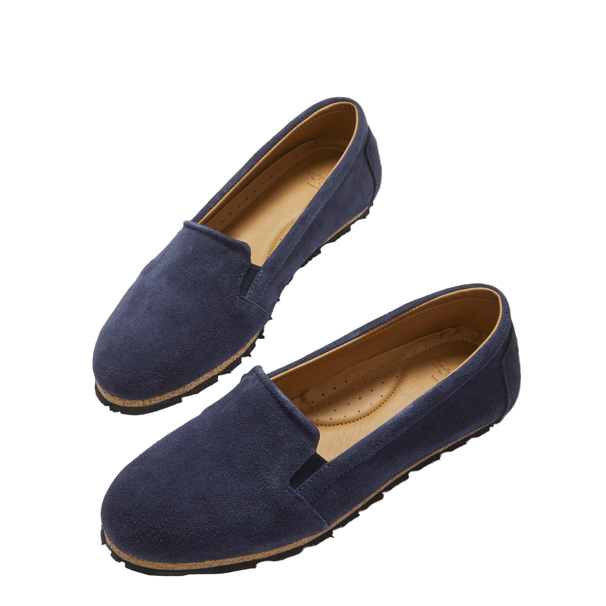 Pair of navy blue loafers on a white background