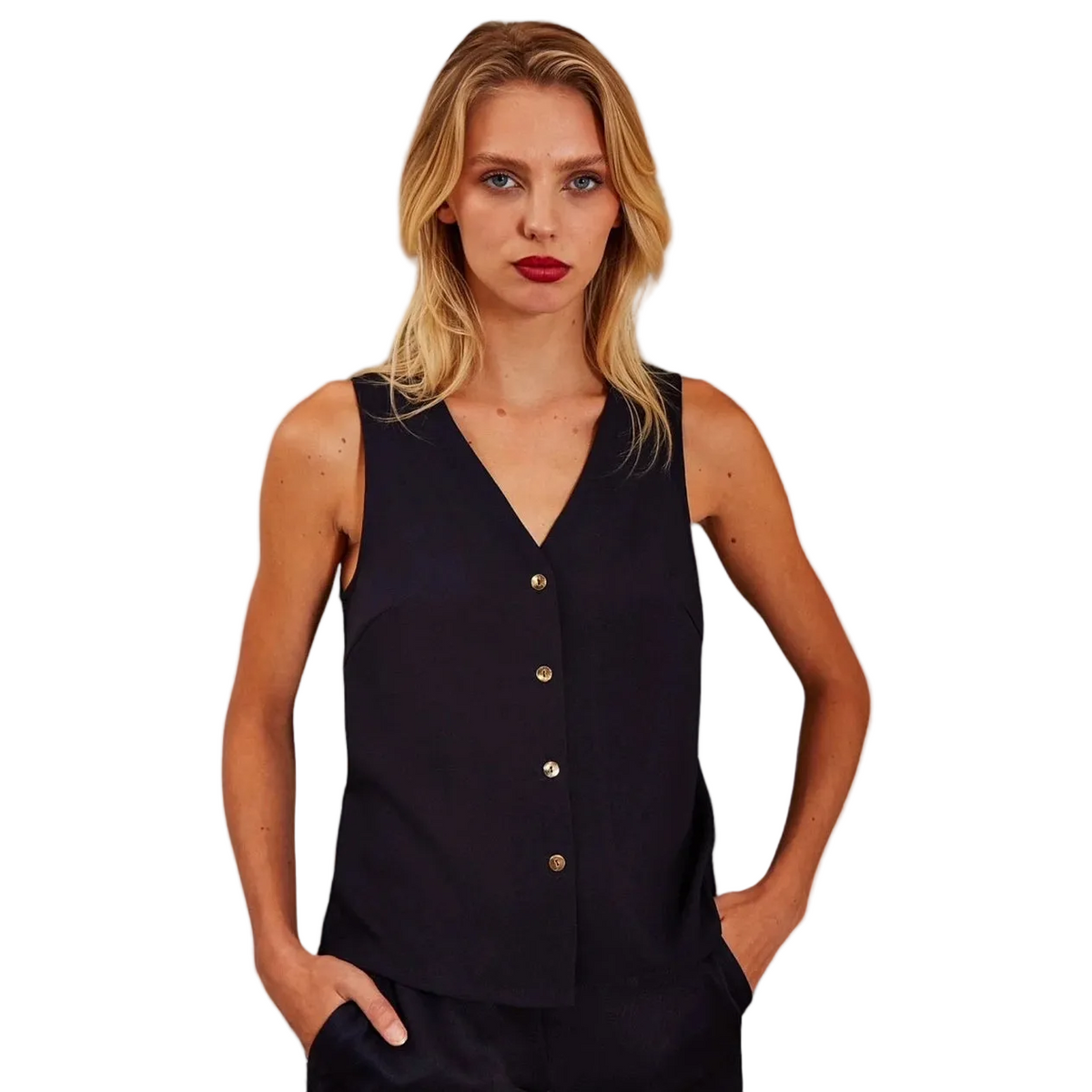A woman modeling a sleeveless black V-neck top with a button-front detail, set against a plain white background.