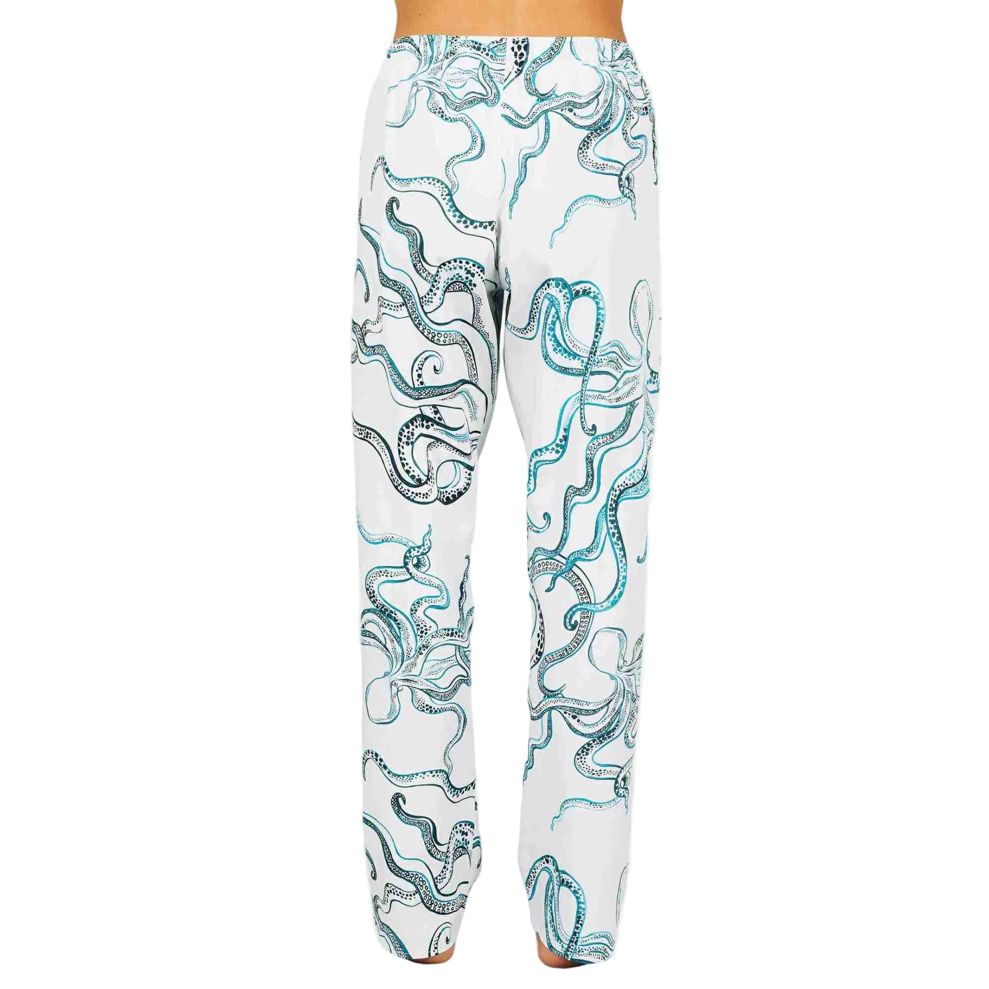 White pants with blue octopus pattern on a white background