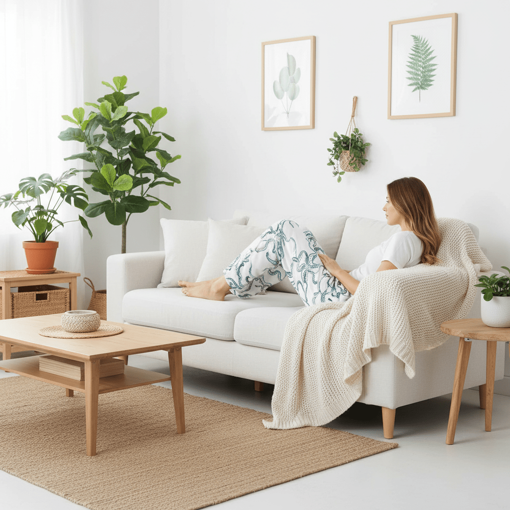 Woman relaxing on a white sofa in a bright living room with plants and wooden furniture.
