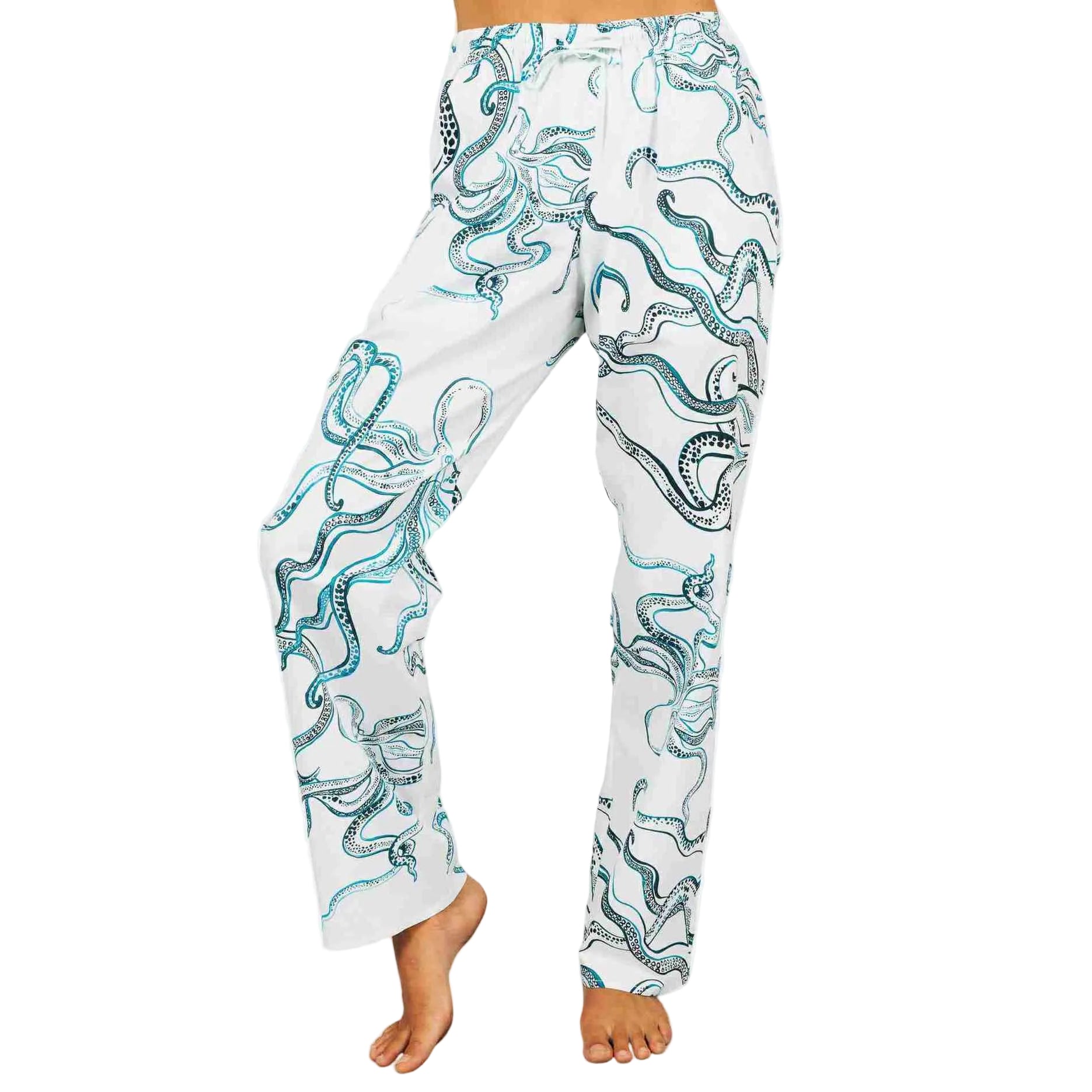 White pajama pants with blue octopus pattern on a white background