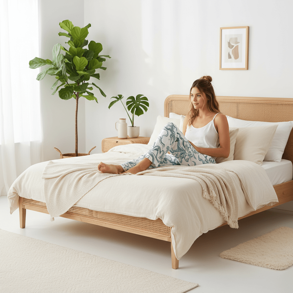 Woman sitting on a bed in a bright bedroom with plants and a plant on the nightstand.