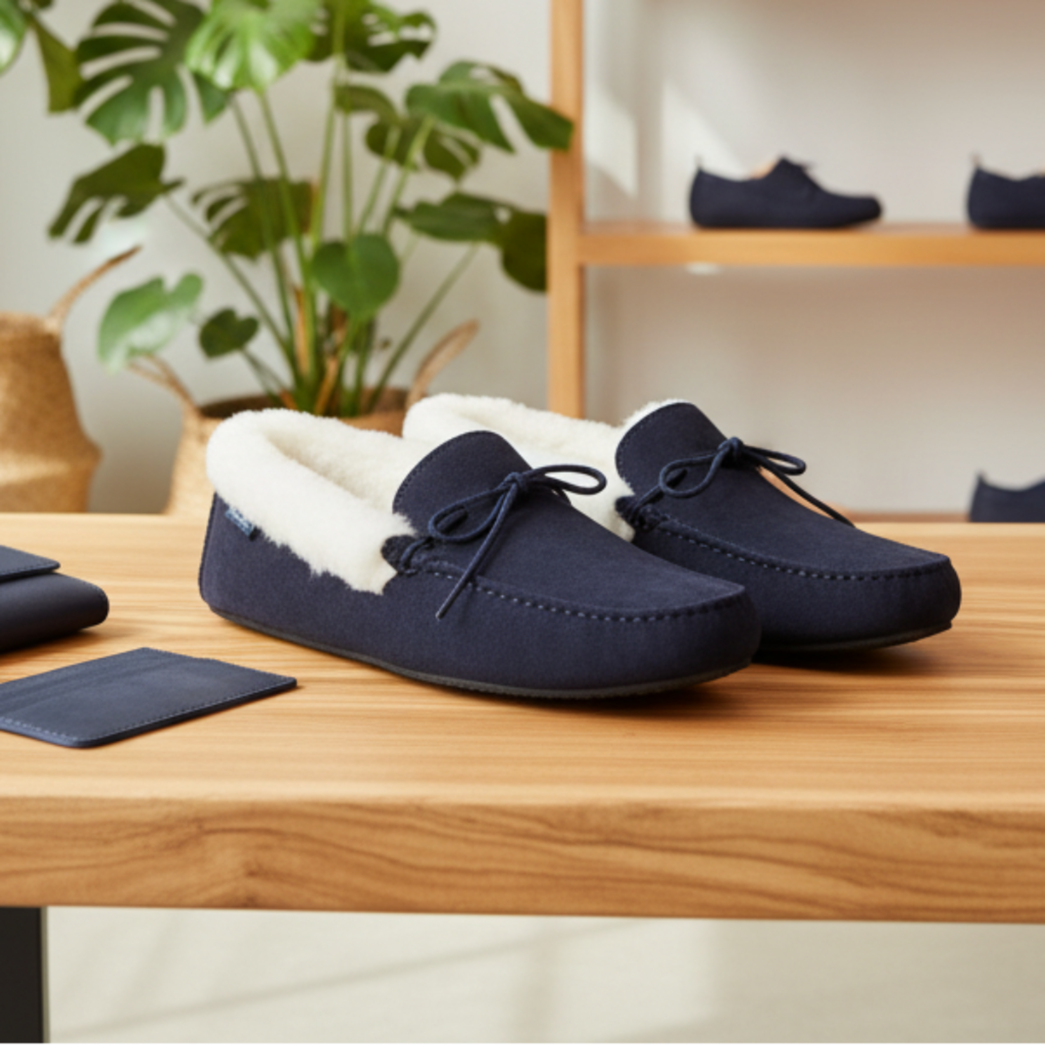 Navy blue moccasin slippers with white fur lining on a wooden surface, with a plant and shelf in the background.