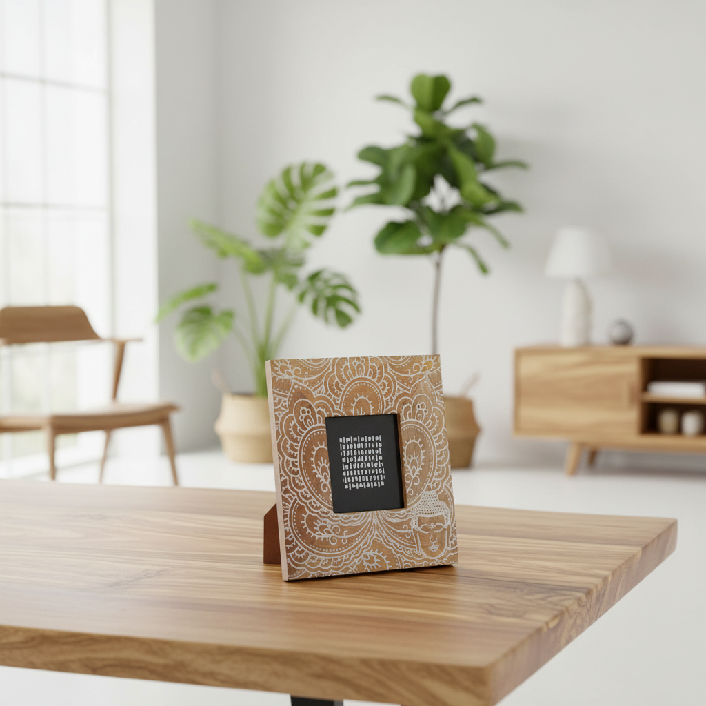 Decorative photo frame with text on a wooden table in a bright room with plants and furniture.