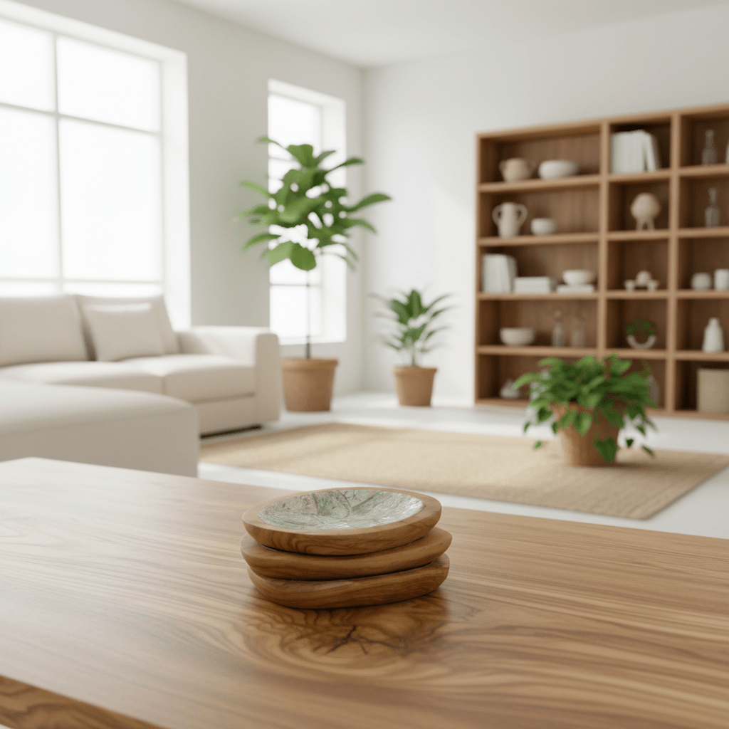 Wooden Bowls with Shell Decor - Set of 4 Teak Wood Mini Bowls