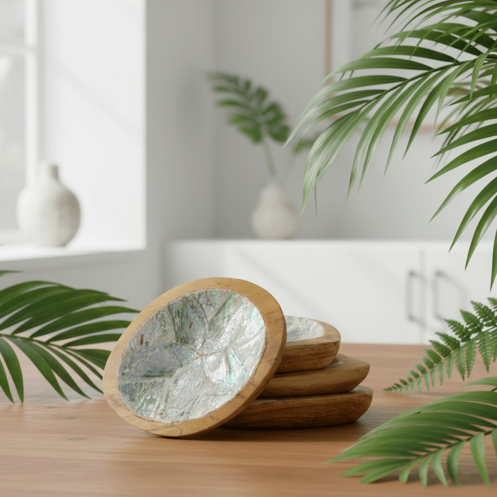 Wooden Bowls with Shell Decor - Set of 4 Teak Wood Mini Bowls