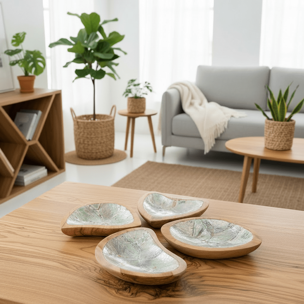 Wooden Bowls with Shell Decor - Set of 4 Teak Wood Mini Bowls