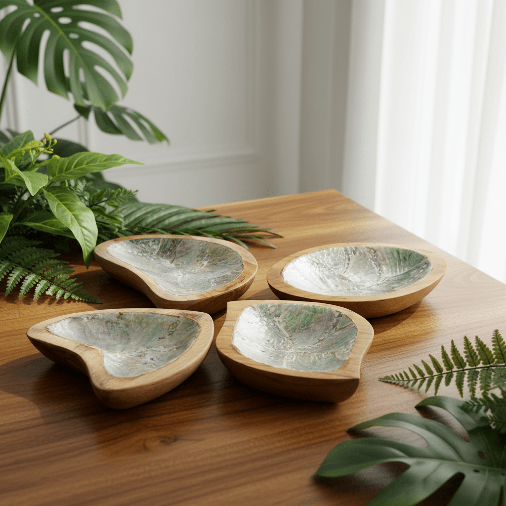Wooden Bowls with Shell Decor - Set of 4 Teak Wood Mini Bowls