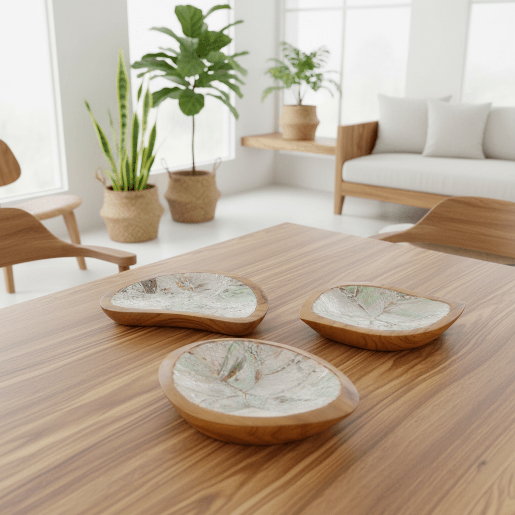 Wooden Bowls with Shell Decor - Set of 4 Teak Wood Mini Bowls