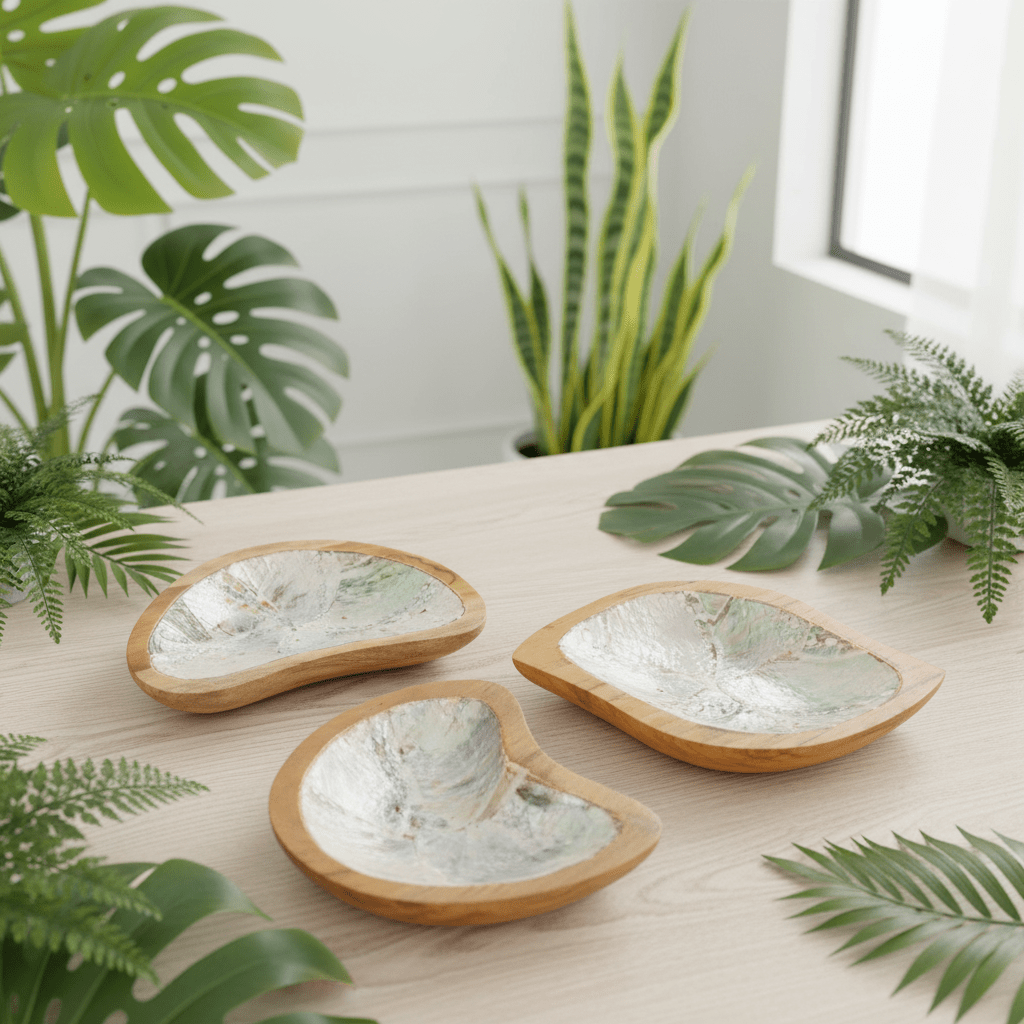 Wooden Bowls with Shell Decor - Set of 4 Teak Wood Mini Bowls