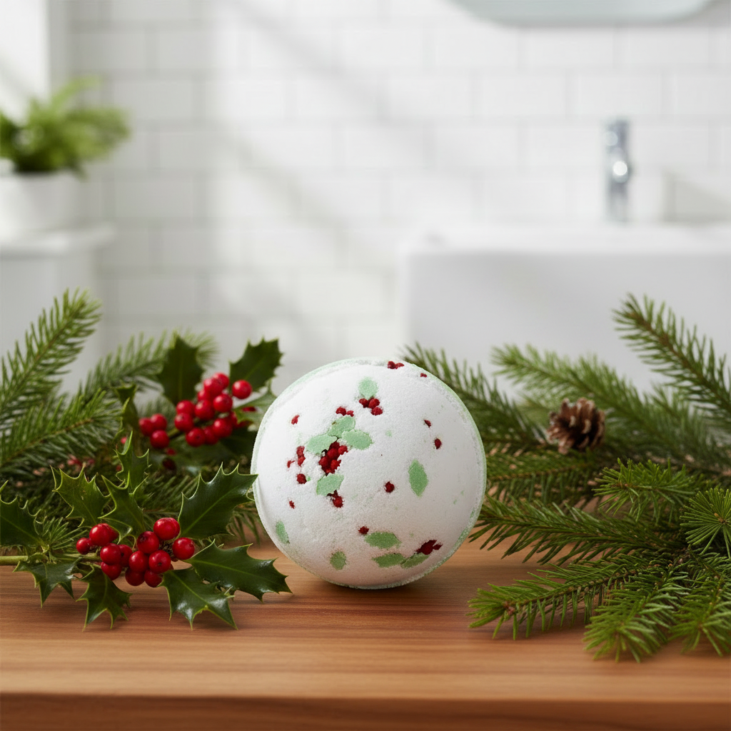 A round bath bomb with a white base, speckled texture, light green leaf patterns, and red berry accents, styled on a wooden surface with Christmas foliage in a bright bathroom setting.