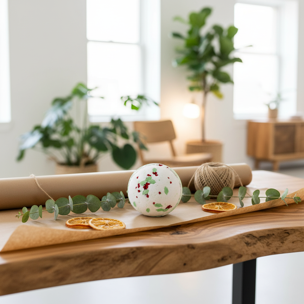 A white Christmas bath bomb decorated with red berries and green leaves, styled on a wooden table with eucalyptus sprigs, dried orange slices, twine, and a kraft paper tube in a bright, modern living room