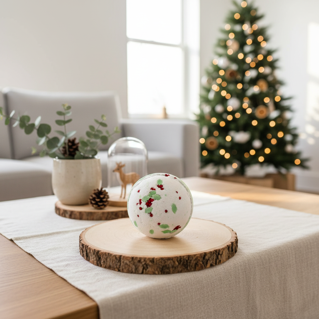 A white Christmas Bath Bomb decorated with red berries and green leaves, displayed on a rustic wood slice coaster on a table runner. The background shows a cosy living room with a blurred Christmas tree and sofa.