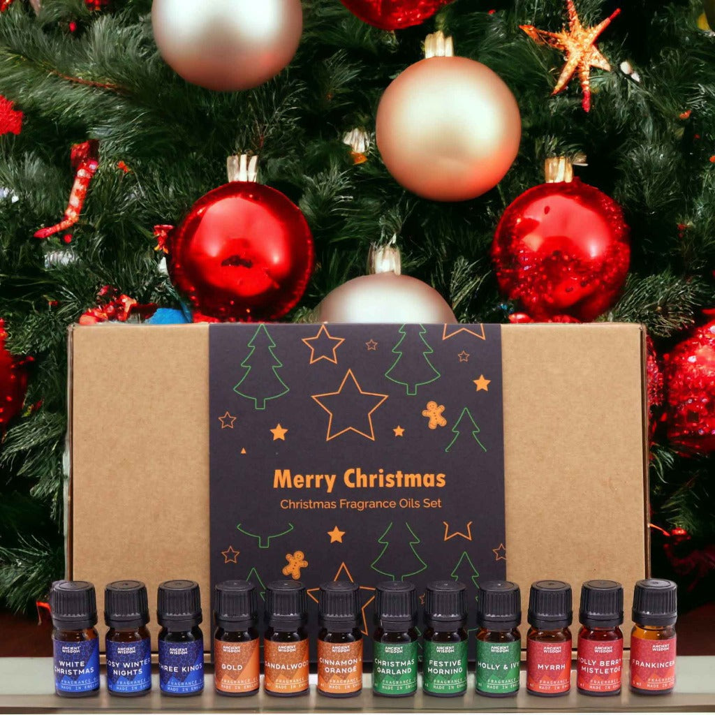 Christmas Fragrance Oils Sets - Christmas Home Fragrance Gift Set. Unleash the magic of the festive season with these Christmas Fragrance oil sets. Each set boasts a delightful collection of 12 fragrance oils, each vial holding 5ml of pure olfactory joy. The beautifully packaged sets make for an ideal gift choice, whether for loved ones or to entice your friends with the festive spirit.