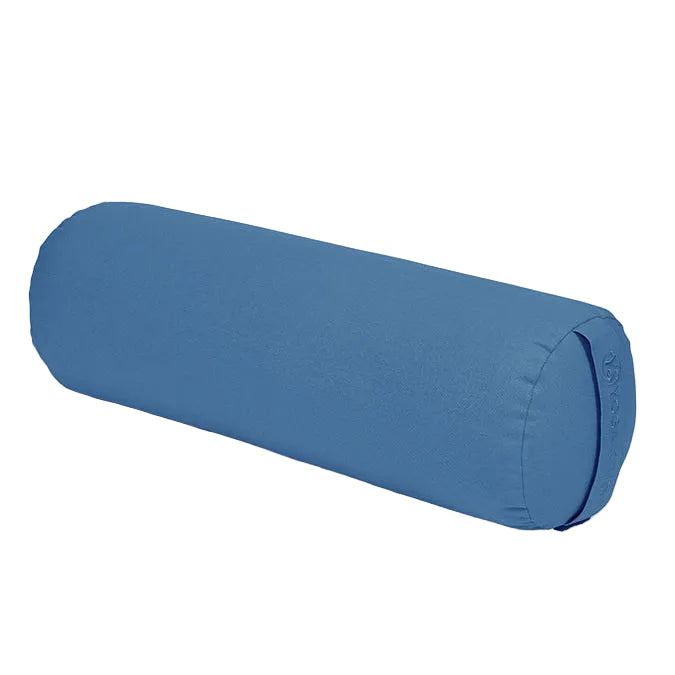 Blue cylindrical pillow on a light gray background