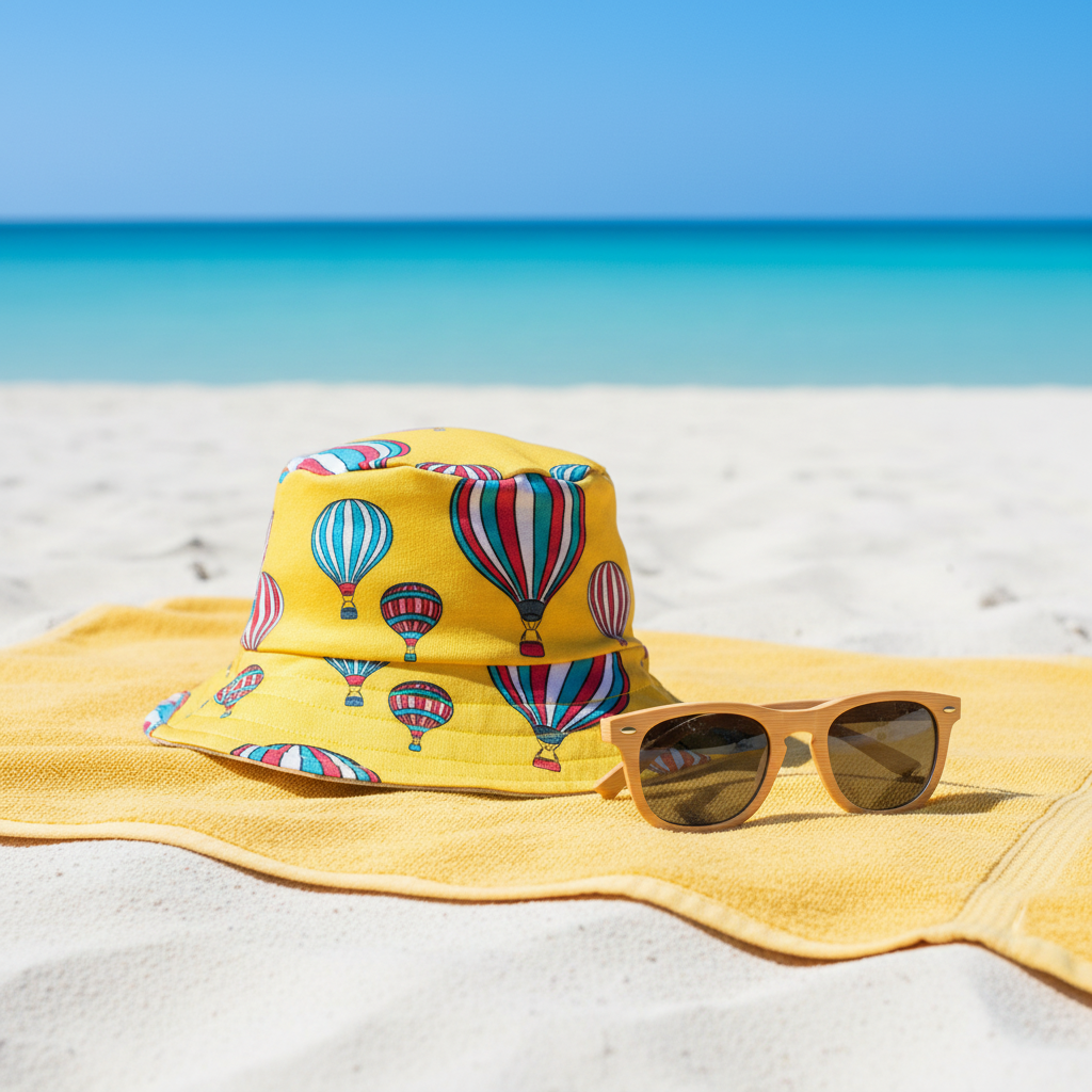 Yellow bucket hat with hot air balloon pattern and sunglasses on a yellow towel at the beach.
