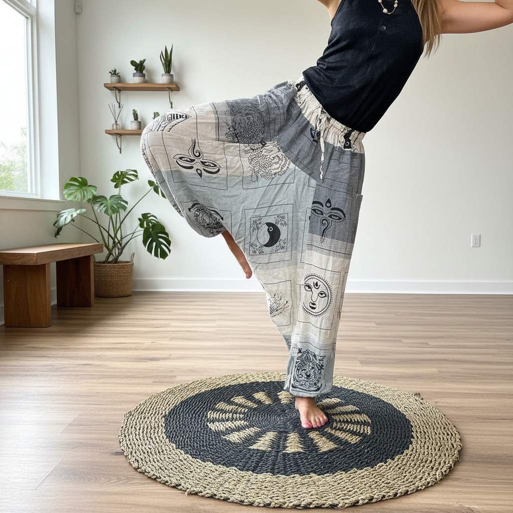 a woman in a yoga pose wearing grey patterned cotton yoga trousers