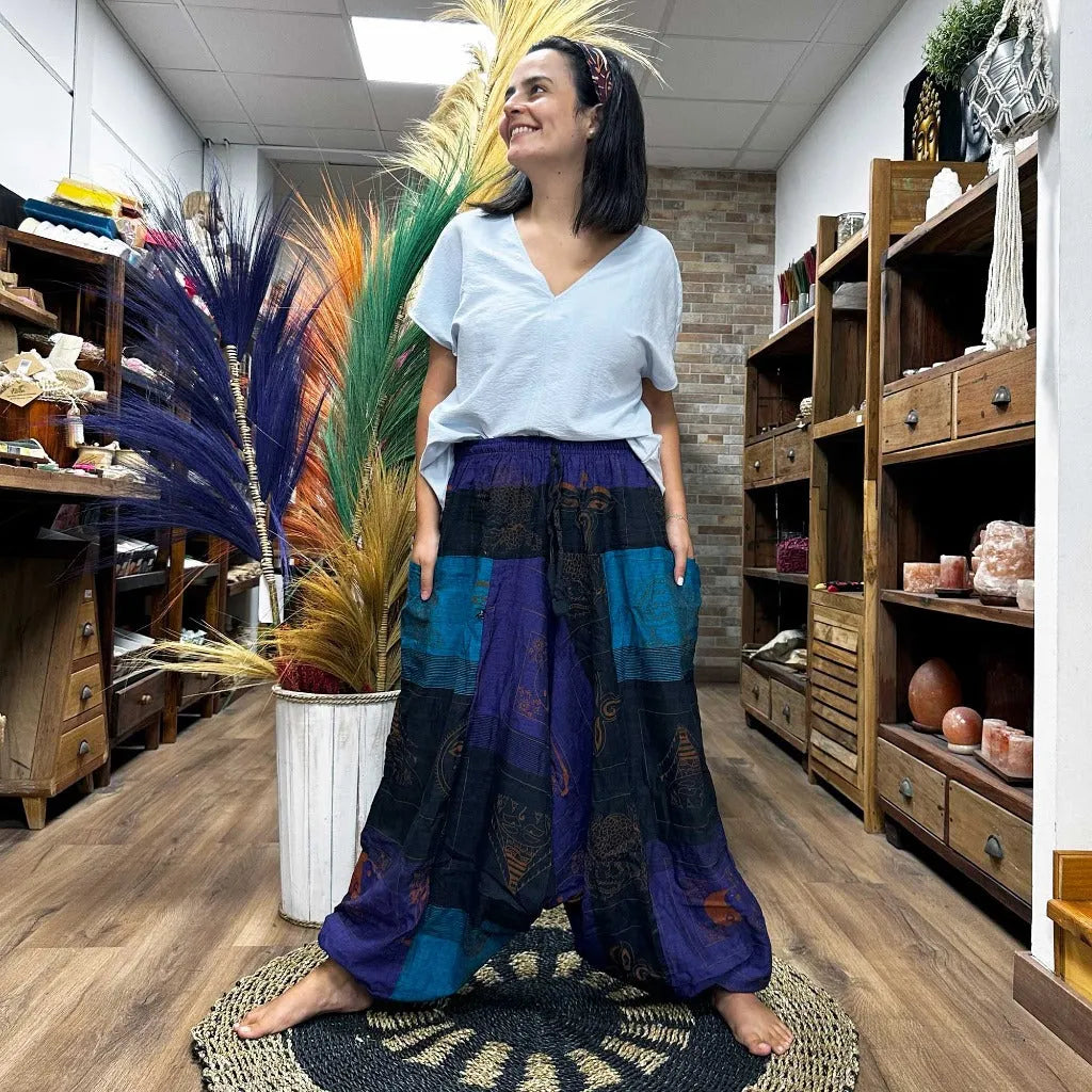 Ancient Wisdom Cotton Yoga Trousers Comfy Festival Pants - 3 Styles - Colourful Prints Apparel & Accessories > Clothing > Pants > Unisex Yoga Pants > Cotton Festival Pants > Colourful Cotton Summer Trousers emmy-jane-boutique.myshopify.com