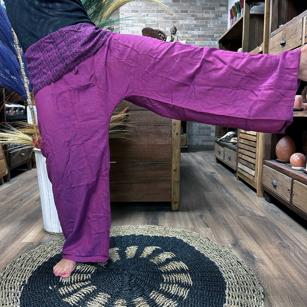 Cotton Yoga Trousers Comfy Festival Pants - Colourful Himalayan prints.a full range of Yoga and Festival Pants for you, all made from 100% cotton. These pants are made in Nepal and are super soft, lightweight, and stylish. They come in one size that fits everyone, making them a great choice for most people. Plus, we deliver these yoga and festival pants in a small cotton bag to add a special touch. The collection features three styles: High Cross, Aladdin, and Fisherman