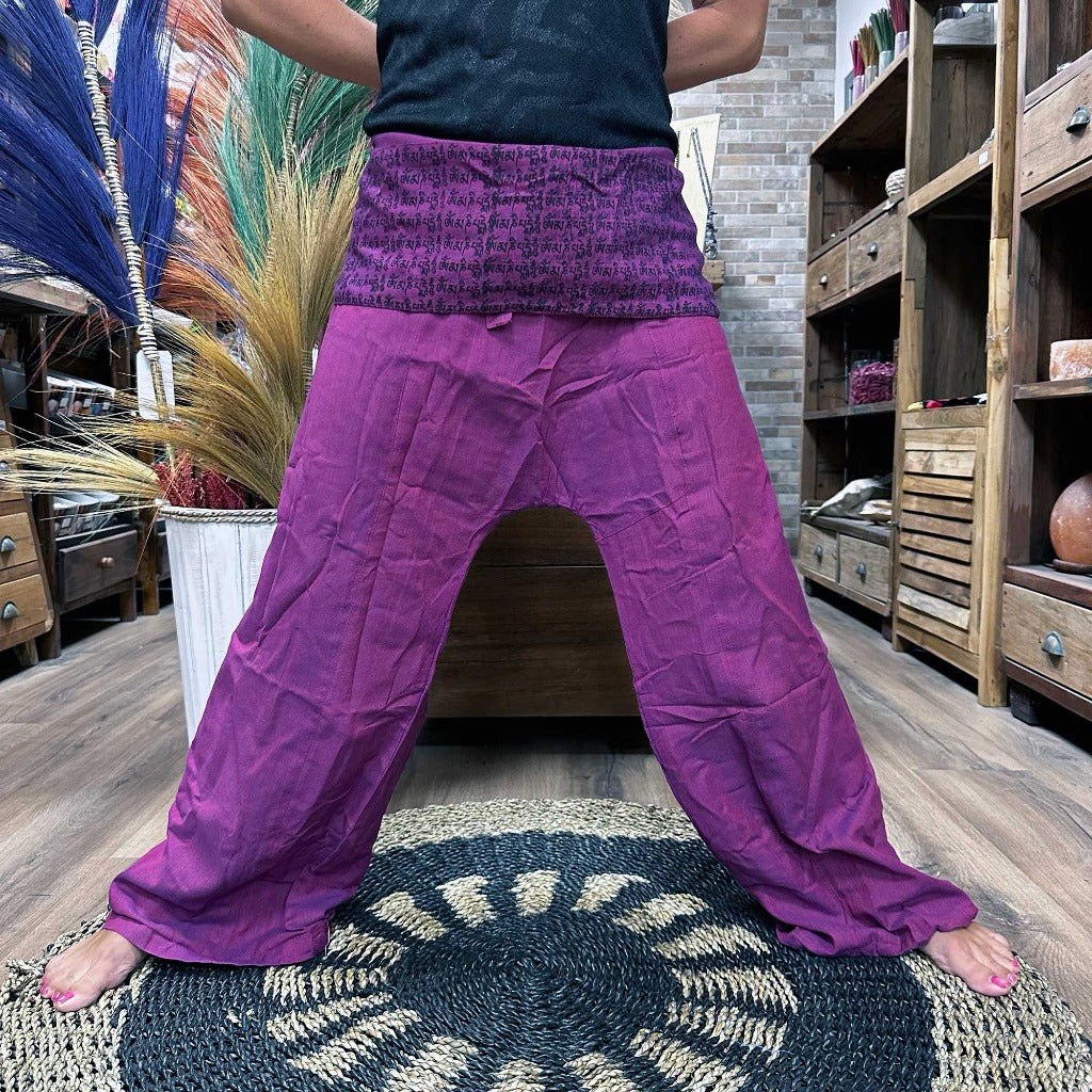 Cotton Yoga Trousers Comfy Festival Pants - Colourful Himalayan prints.a full range of Yoga and Festival Pants for you, all made from 100% cotton. These pants are made in Nepal and are super soft, lightweight, and stylish. They come in one size that fits everyone, making them a great choice for most people. Plus, we deliver these yoga and festival pants in a small cotton bag to add a special touch. The collection features three styles: High Cross, Aladdin, and Fisherman