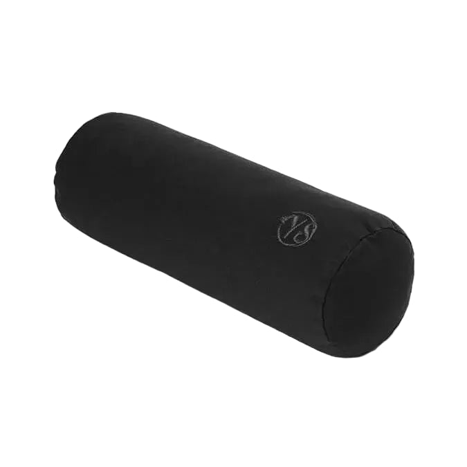 A cylindrical fabric yoga bolster pillow in Black, featuring a small embroidered logo on the side, set against a plain white background.