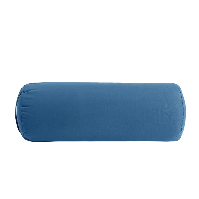Blue cylindrical pillow on a light gray background