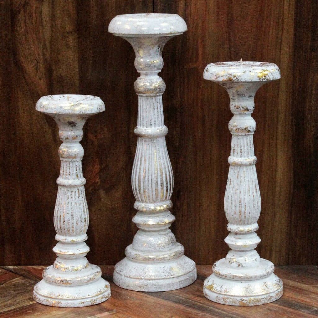 Emmy Jane Boutique Hand Carved Vintage Style Wooden Candle Stands - Sustainable Albesia Wood