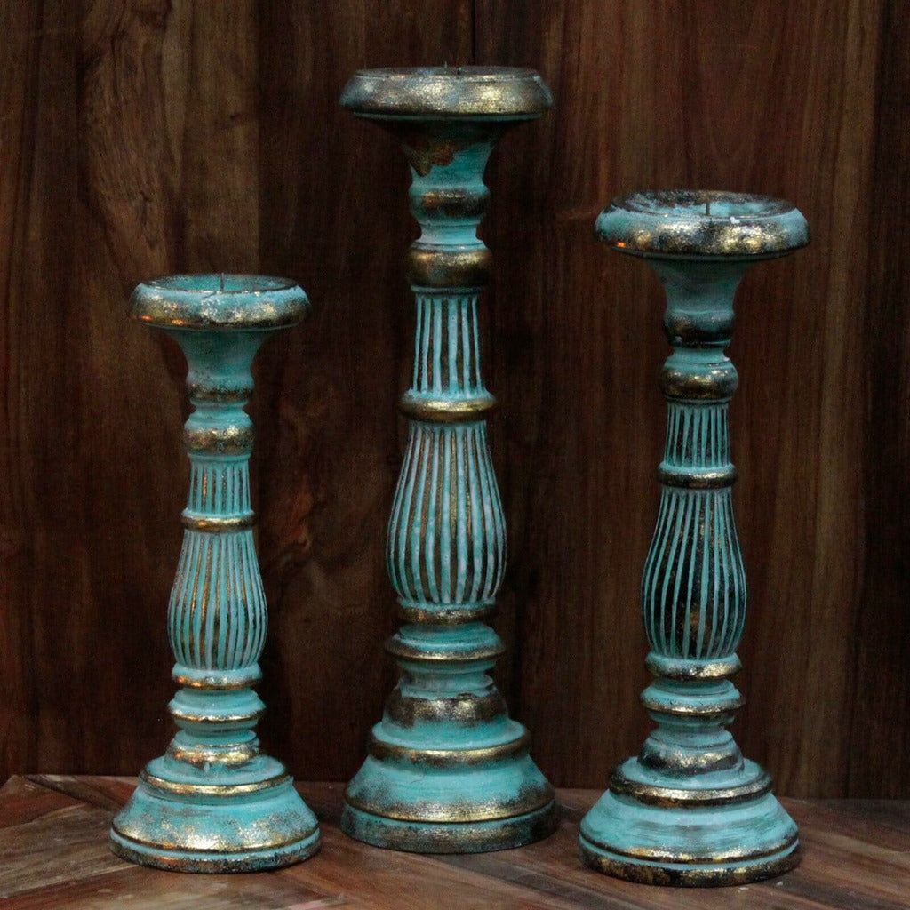 Emmy Jane Boutique Hand Carved Vintage Style Wooden Candle Stands - Sustainable Albesia Wood