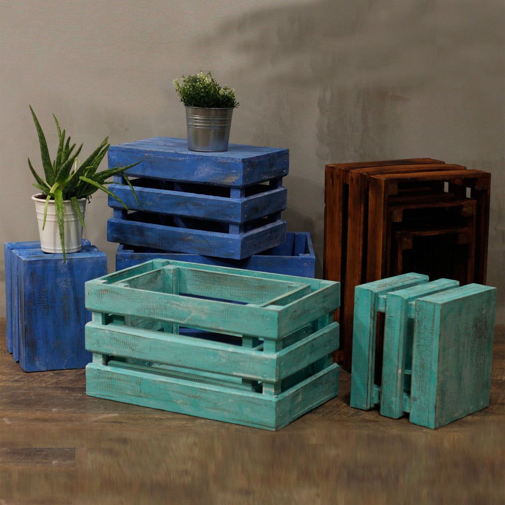 Emmy Jane Boutique Natural Storage Wooden Fruit Box set of 3 - Brown Blue Green or White