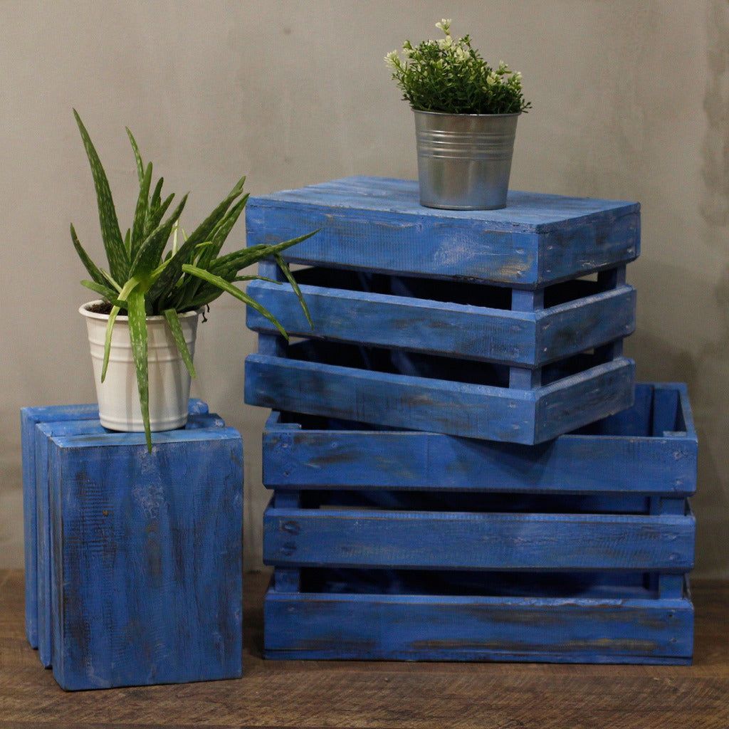 Emmy Jane Boutique Natural Storage Wooden Fruit Box set of 3 - Brown Blue Green or White