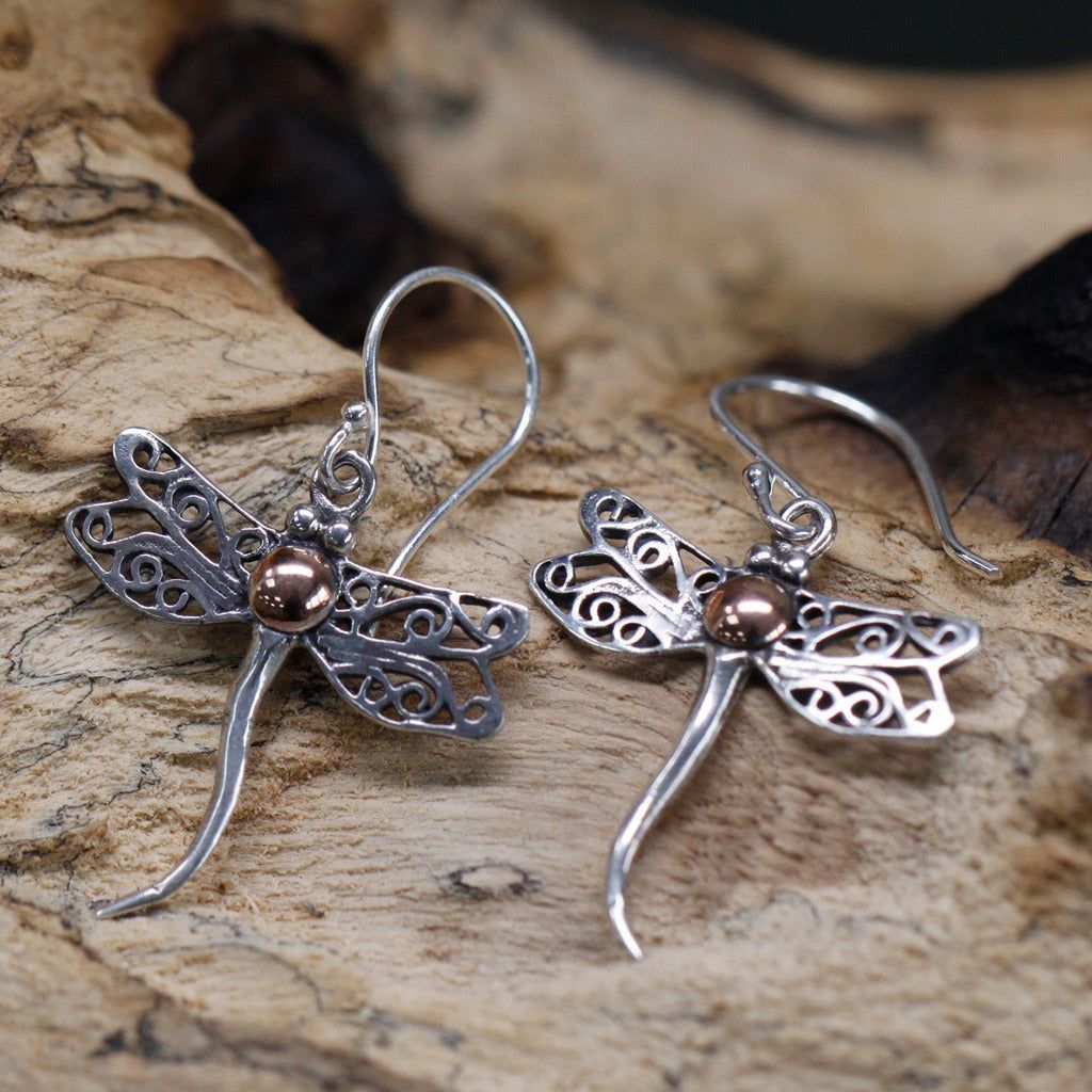 Emmy Jane Boutique Silver & Gold Earring - Dragonflies - Gift Boxed - Ethically Sourced - Handmade in Indonesia