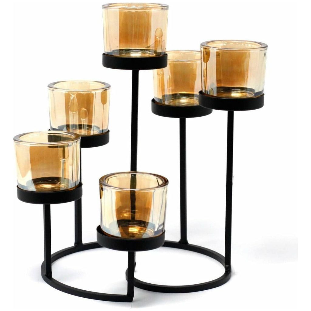 Emmy Jane Boutique Centerpiece Iron Votive Tea Light Candle Holder - Black Iron and Glass