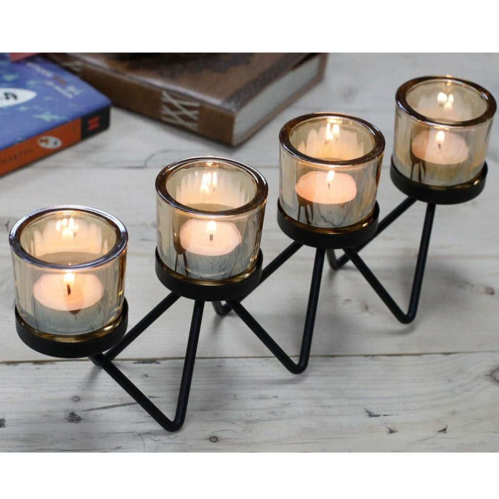 Emmy Jane Boutique Iron Votive Candle Holder - 4 Cup Zig Zag Centrepiece - Black