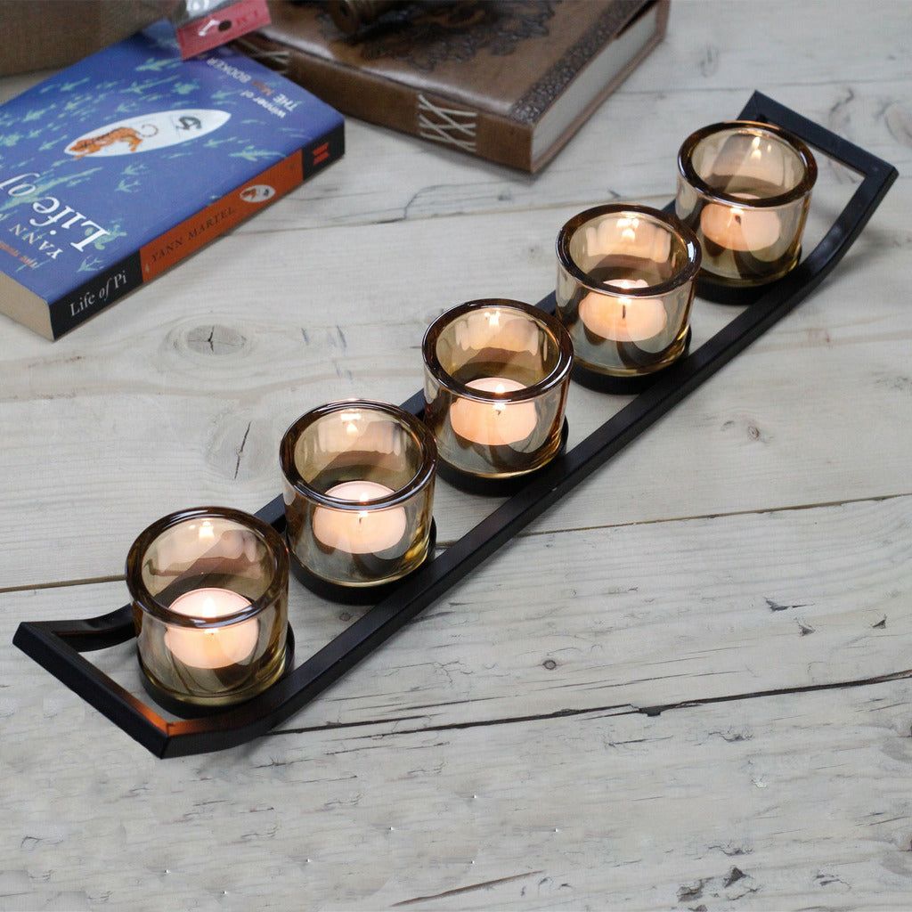 Centrepiece Iron And Glass Votive Candle Holder 5 Cup Ledge