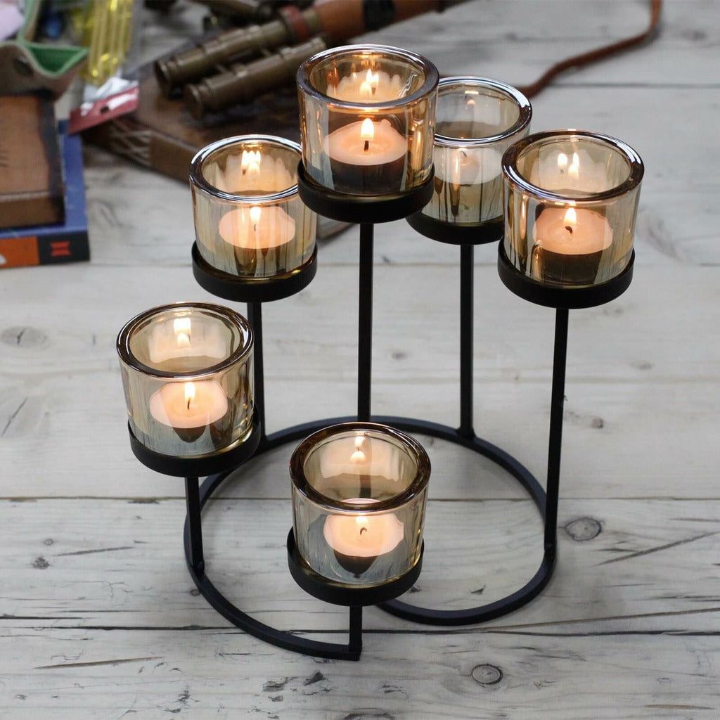 Emmy Jane Boutique Centerpiece Iron Votive Tea Light Candle Holder - Black Iron and Glass