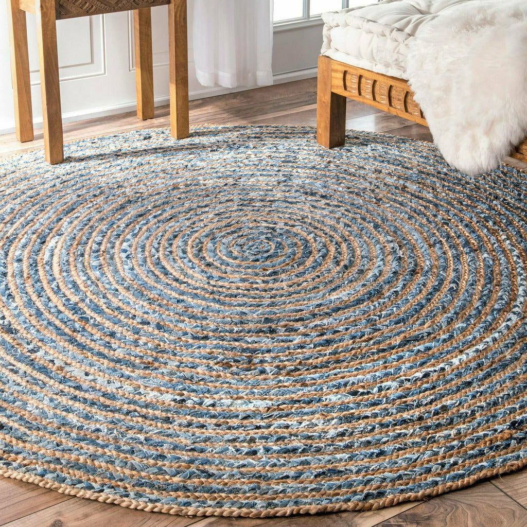 Emmy Jane Boutique AW Artisan - Fairly Traded Round Sustainable Jute and Recycled Denim Rug - 3 Sizes