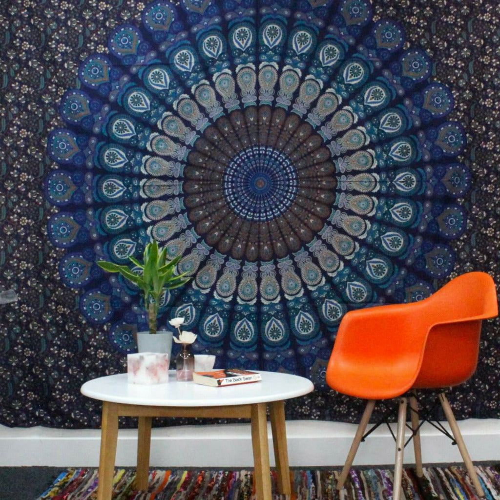 Emmy Jane Boutique Artisan Cotton Bedspread Wall Hanging - Mandala Blue Shades - Single or Double