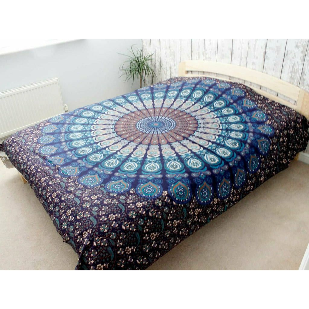 Emmy Jane Boutique Artisan Cotton Bedspread Wall Hanging - Mandala Blue Shades - Single or Double
