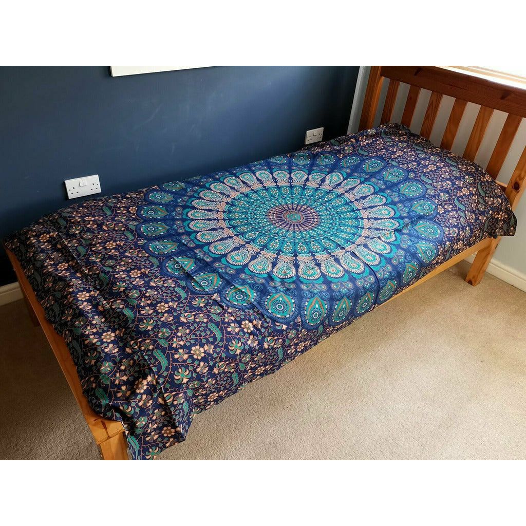 Emmy Jane Boutique Artisan Cotton Bedspread Wall Hanging - Mandala Blue Shades - Single or Double