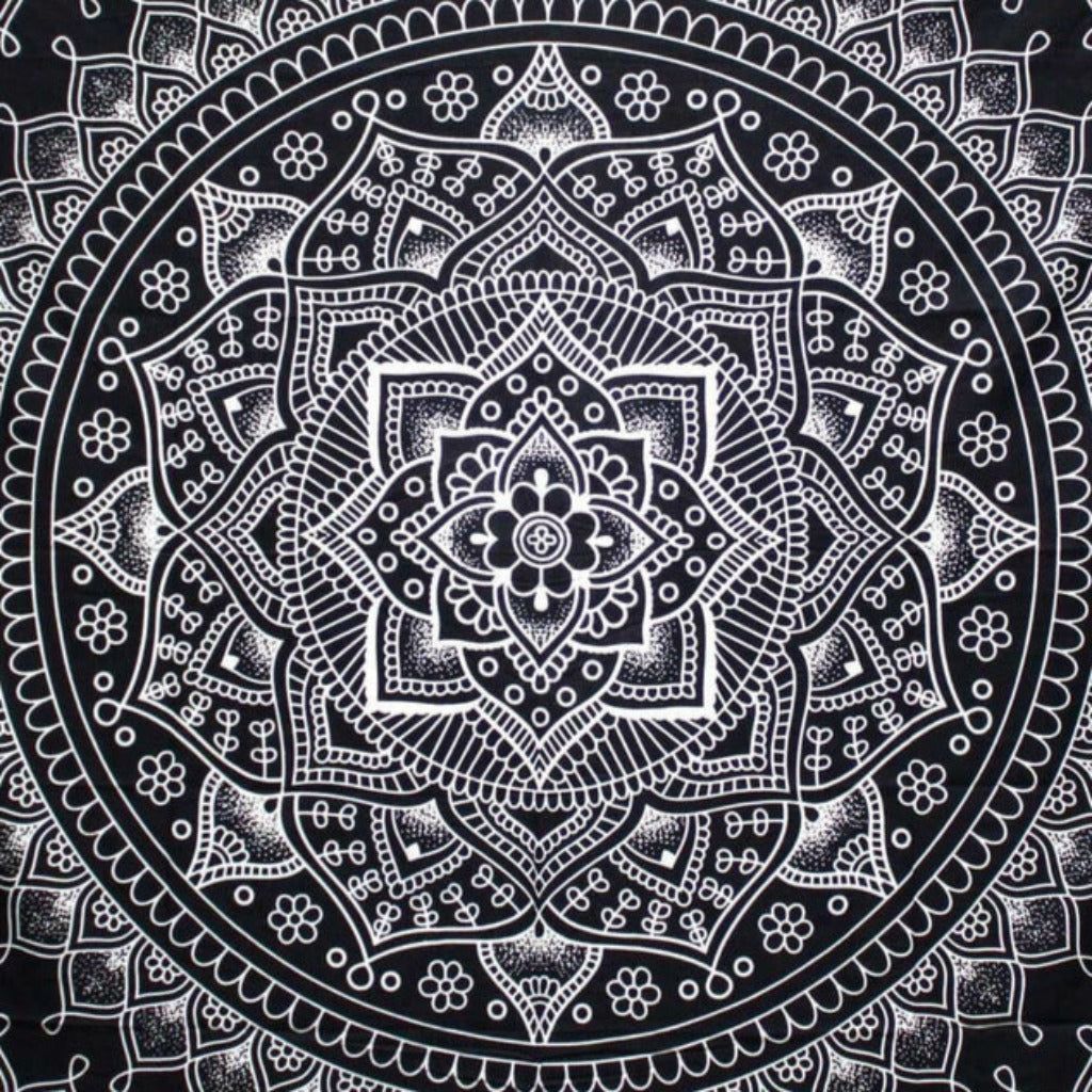 Emmy Jane Boutique Indian Cotton Bedspread Wall Hanging Double - Lotus Flower - Black & White