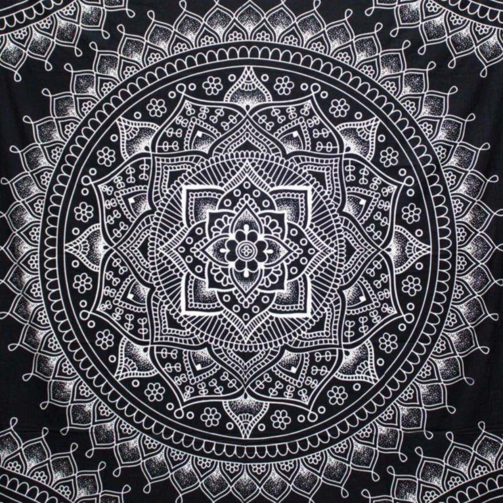 Emmy Jane Boutique Indian Cotton Bedspread Wall Hanging Double - Lotus Flower - Black & White