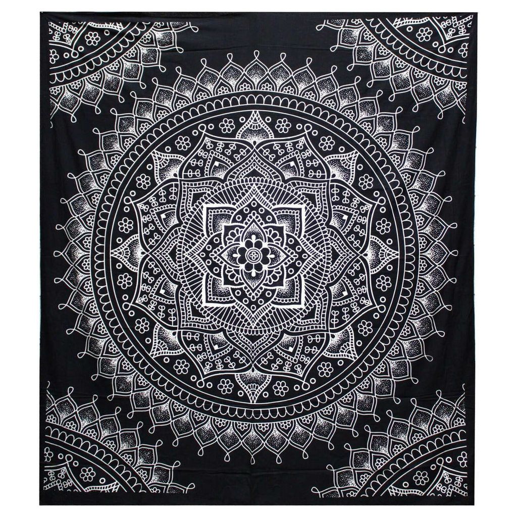 Emmy Jane Boutique Indian Cotton Bedspread Wall Hanging Double - Lotus Flower - Black & White