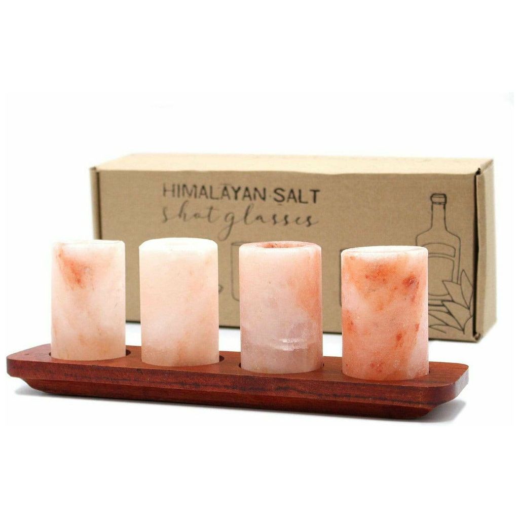 Emmy Jane Boutique Himalayan Salt Shot Glasses & Wood Serving Stand - Gift Set of 2 or 4