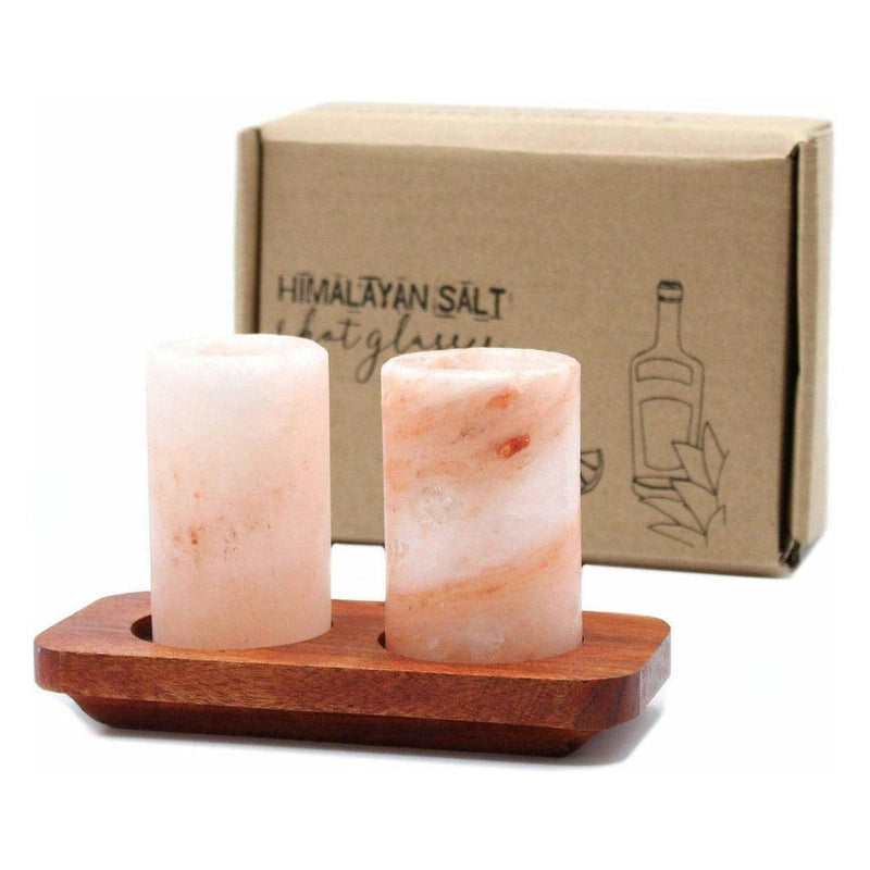 Emmy Jane Boutique Himalayan Salt Shot Glasses & Wood Serving Stand - Gift Set of 2 or 4
