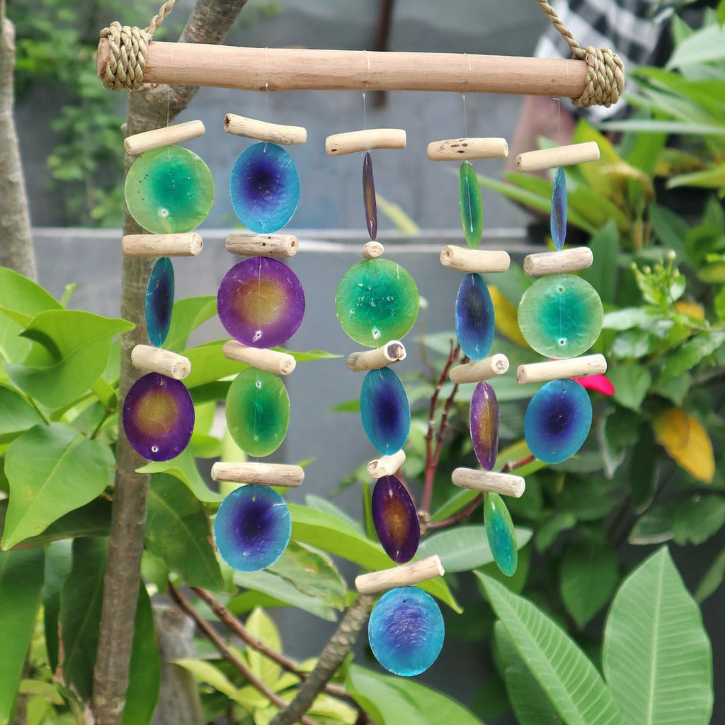 Emmy Jane Boutique Handmade Indonesian Driftwood and Glass Wind Chimes - Blue Green or Natural