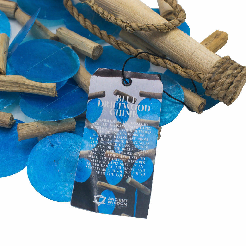 Emmy Jane Boutique Handmade Indonesian Driftwood and Glass Wind Chimes - Blue Green or Natural