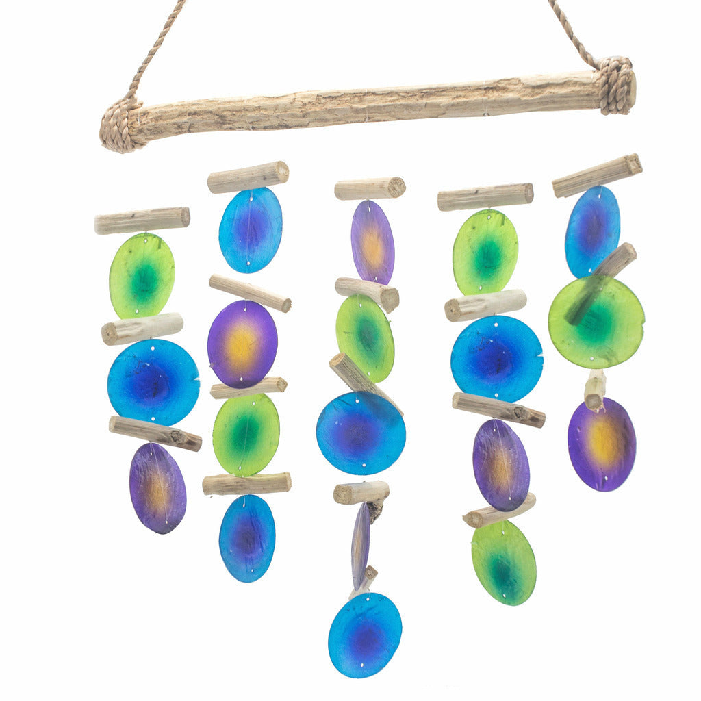 Emmy Jane Boutique Handmade Indonesian Driftwood and Glass Wind Chimes - Blue Green or Natural