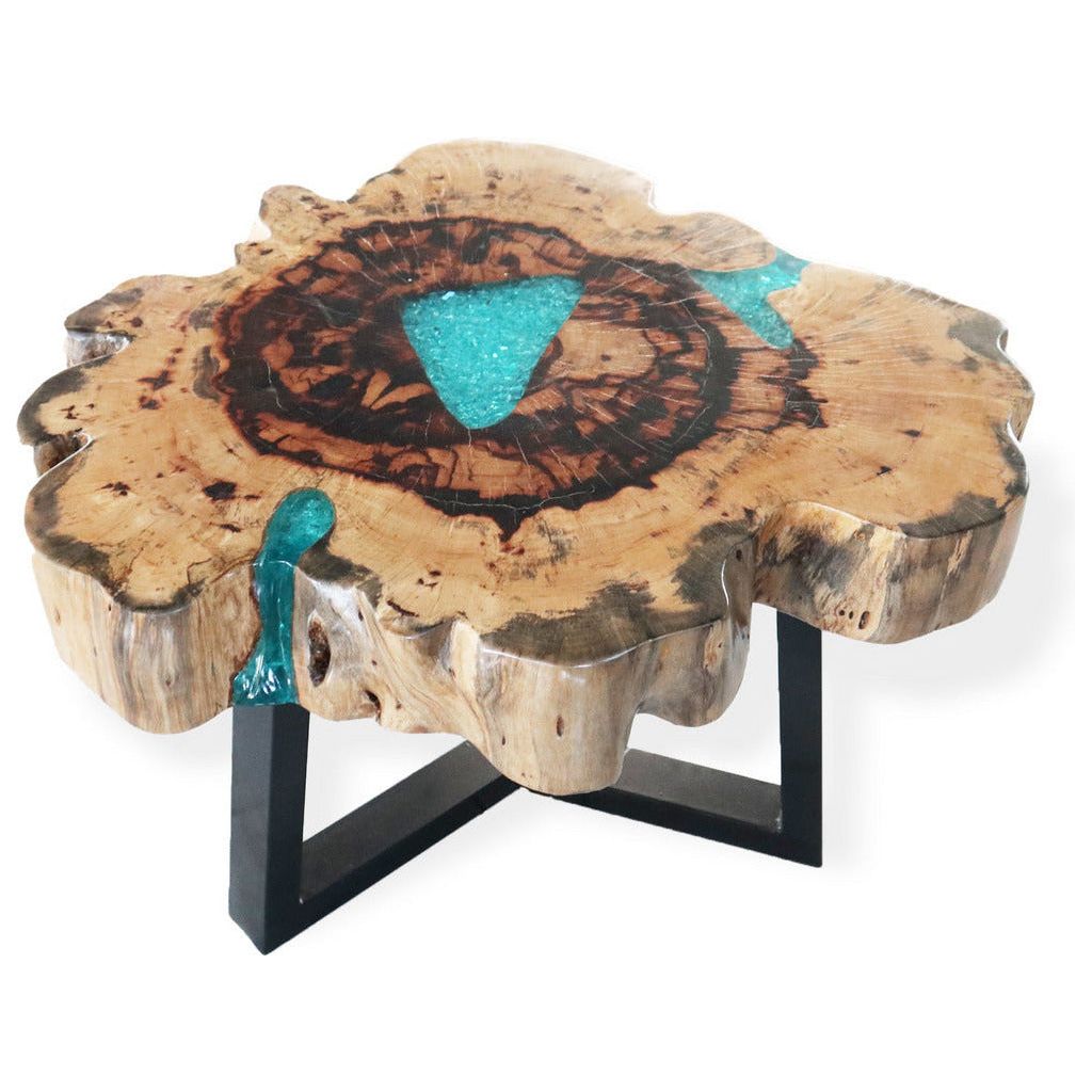 Emmy Jane Boutique Wooden Coffee Table - Natural Tamarind Wood and Resin - Aqua and Sky Blue